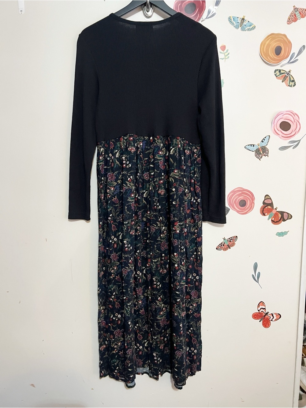 Vintage Black Floral Maxi Dress with Embroidered Thermal Long Sleeve Bodice 10 - Picture 5 of 11